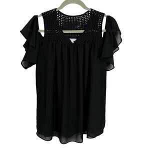 Maette Cold Shoulder Flutter Sleeve Top Women Size Medium Black Chiffon Pullover
